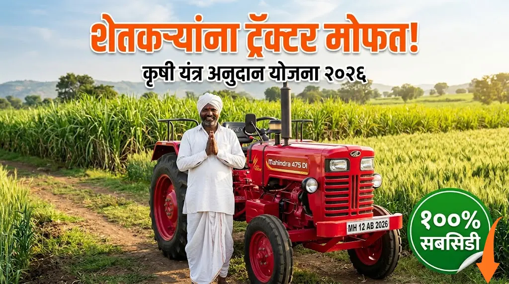 A happy Indian male farmer in dhoti and white shirt standing proudly next to a brand new red tractor in a green Maharashtra farm field. Bright sunny day, sugarcane or wheat crop in background. Farmer smiling with folded hands (namaste gesture). Bold text overlay in Marathi: "शेतकऱ्यांना ट्रॅक्टर मोफत!" in orange color. Subtext: "कृषी यंत्र अनुदान योजना 2026" Bottom: "100% सबसिडी" badge in green color. Warm golden sunlight. Photorealistic style. Size: 1200x675 pixels. 16:9 ratio.
